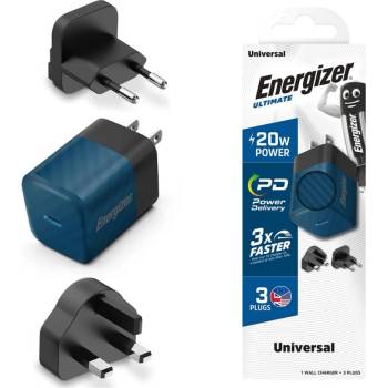 Energizer Зарядно устройство Energizer A20MU, USB-C, EU, UK, US, 20W, Син (A20MUBL)