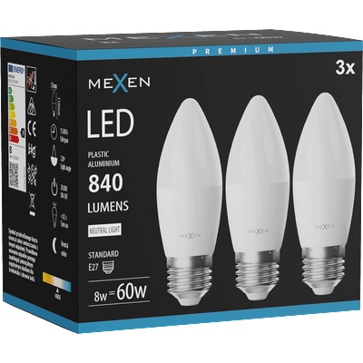 Mexen Nova 3x LED крушка E27, C37, 8W, Неутрална - 4000K, 840 lm - L102-E27-0840-01x03 (L102-E27-0840-01x03)
