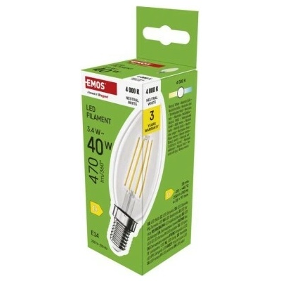 EMOS LED žiarovka Filament sviečka E14 3,4 W 40 W 470 lm Neutrálna biela ZF3D23