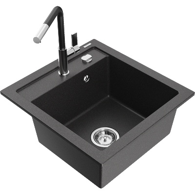 Mexen Vito гранитна мивка с 1 отделение и кухненски смесител Flora, черна на пръски - 6503-76-670401-07 (6503-76-670401-07)