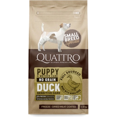 Quatro Small Breed - Пълноценна храна за кученца от малки породи до 2 месеца, бременни и кърмещи женски кучета с месо от патица, 1.5 кг