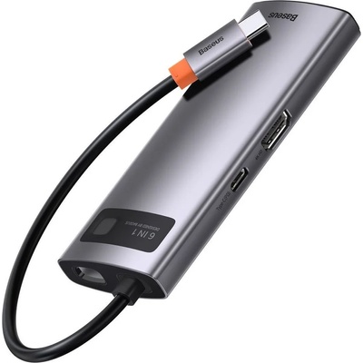 Baseus Metal Gleam 6в1 мултифункционален хъб USB-C към USB-C, Power Delivery, 100W/ HDMI, 4K, 30Hz/ 3x USB 3.2 Gen 1/ RJ45 1Gbps (CAHUB-CW0G)