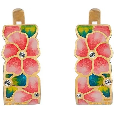 Swan Сребърни обеци с позлата с ръчно изрисувани цветя и цирконии PJ749E Swan