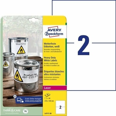 Avery-Zweckform L4717-20 210 x 148 mm prehľad produktov fólie biela 40 ks trvalé Fóliové etikety; L4717-20