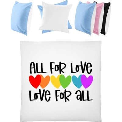 Darčeky PrintEQ Štvorcový Farebný Vankúš Dúhový Nápis All for Love Biela Nebeská modrá 40x40