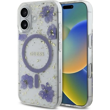 GUESS Калъф Guess Resin Flowers Glitter MagSafe за iPhone 16 - лилав