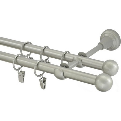 OK-GarnýžeCZ Garnýž kovová dvouřadá 16mm Koule stříbrná mat 220 cm do stěny / kroužky s žabkou
