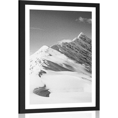 Plakát s paspartou zasněžené pohoří v černobílém provedení - 20x30 black