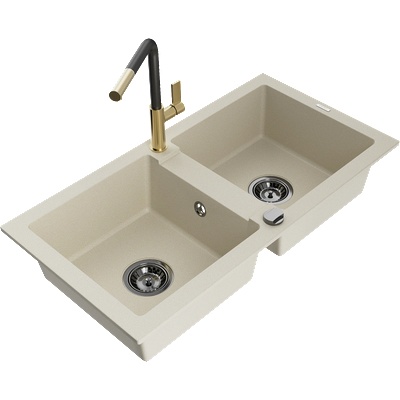 Mexen Mario гранитна кухненска мивка с два басейна и кухненски смесител Flora, бежов - 6504-69-670401-57-B (6504-69-670401-57-B)