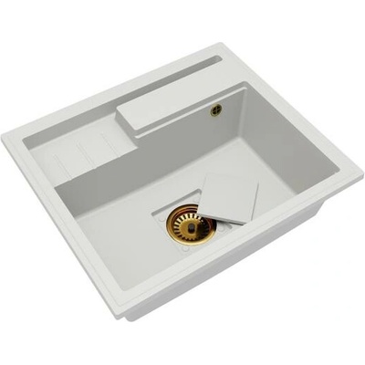 DobreSny Granitový dřez ELITE 6052 BÍLÝ + zlatý sifon 60 x 52 x 21,5cm
