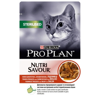 Храна за кастрирани котки purina pro plan nutrisavour sterilised, с Говеждо, паучове - 0.085кг