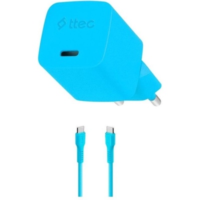 Ttec Зарядно 220V ttec SmartCharger GAN 20W PD Travel Fast Charger + USB-C - USB-C 3A Cable 120cm, Neon Blue