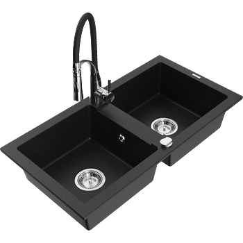 Mexen Mario гранитна мивка с 2 камери и кухненски смесител Aster, черен - 6504-77-73450-07 (6504-77-73450-07)