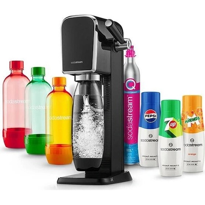 SodaStream ART Black + Láhev SodaStream 1l TriPack Orange Red Green + Sirup SodaStream Pepsi 440 ml + 7UP 440 ml + Mirinda 440 ml