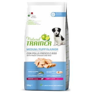 Natural Trainer Dog Puppy & Junior Medium with Chicken - храна за подрастващи кучета, под 1 година, от средни породи, с пилешко месо - 12 кг, Италия - 926015