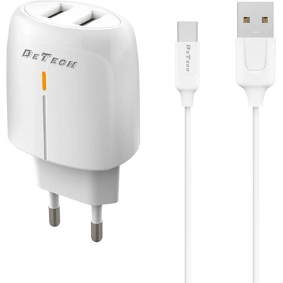 DeTech Мрежово зарядно устройство DeTech DE-32QCC, 18W, С Type-C кабел, 2 x USB F, QC, Бял - 40327