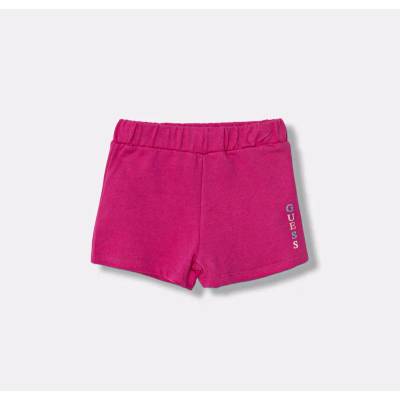 Guess Къси памучни панталони за мини момиче в цикламено с цветен надпис Guess