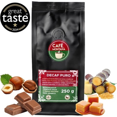 Café Montaña káva bez kofeinu Decaf Puro mletá káva Espresso 250 g