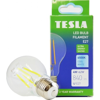 Tesla LED žárovka FILAMENT A class, E27, 4W, 840lm, 6500K studená bílá, 360st, čirá, 230V, 25 000h