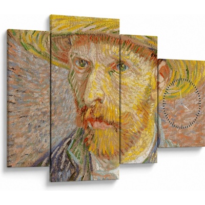 Obraz - Vincent van Gogh, Self-Portrait with a Straw Hat (The Potato Peeler), reprodukcia (s hodinami), štvordielne 110x75 cm s hodinami
