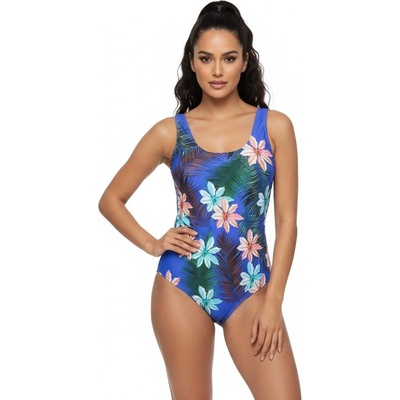 Цял бански в синьо с цветя и листа