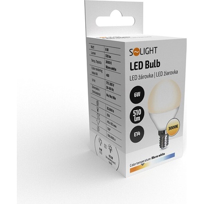 Solight LED žiarovka , miniglobe, 6W, E14, 3000K, 510lm, biele prevedenie