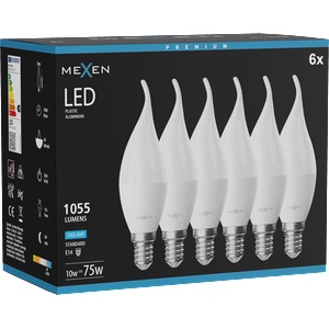 Mexen Nova 6x LED крушка пламък E14, C37, 10W, Студена - 6500K, 1055 lm - L106-E14-1065-01x06 (L106-E14-1065-01x06)