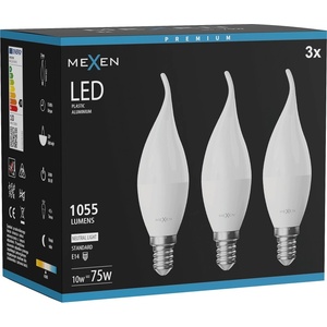 Mexen Nova 3x LED крушка пламък E14, C37, 10W, Неутрална - 4000K, 1055 lm - L106-E14-1040-01x03 (L106-E14-1040-01x03)