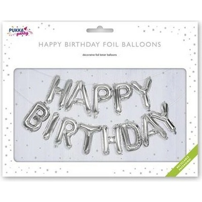 Balón, 40 cm, PUKKA PAD "Happy Birthday", strieborná