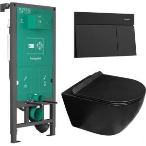 Rune Комплект казанче за WC с вграждаща рамка Hansgrohe iFrame 112 см и бутон iFrame Element E, матово черно, плюс тоалетна чиния Rune Ivaldi Grande с капак softclose (01022180+66003670+5940541335832)