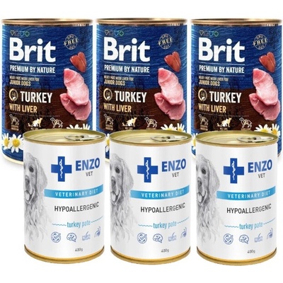 Brit Premium by Nature Turkey with Liver 3 x 800 g & Enzo Vet hypoalergénne krmivo s morkou 3 x 400 g