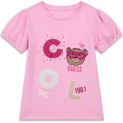 GUESS Розова тениска COOL за мини момиче с мече и релефни детайли Guess