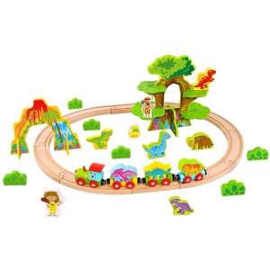 Tooky Toy Дървено влакче с релси и динозаври 40 части - Tooky Toy