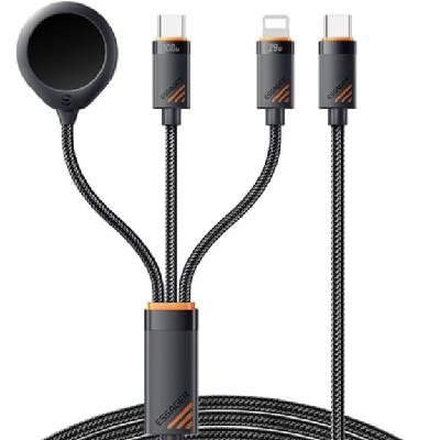 3в1 универсален плетен кабел за зареждане и данни - USB-C към магнитен пук / USB-C / Lightning - 1, 2 м - черен (87316)