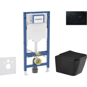 Geberit Duofix - Комплект за стенен монтаж, тоалетна чиния Arkas I и седалка с плавно затваряне, бутон Sigma01, черен SANI11CA5514 (SANI11CA5514)
