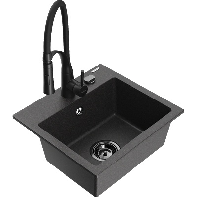 Mexen Milo гранитна мивка с 1 камера и кухненски смесител Aster, черно на точки - 6505-76-73450-70-B (6505-76-73450-70-B)