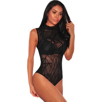 Dámské Body Sexy Sheer Mesh Sleeveless Geometric Velvet Bodysuit