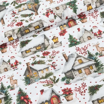 Směsové plátno vánoční LONETA 803030 UNICO, domečky na bílé, š.140cm (látka v metráži)