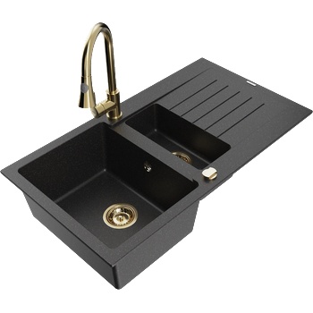 Mexen Matias гранитна мивка 1, 5-камерна с отцедник и кухненски смесител Elia, черен/сребрист металик - 6502-73-670101-50 (6502-73-670101-50)