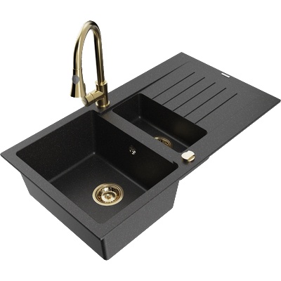 Mexen Matias гранитна мивка 1, 5-камерна с отцедник и кухненски смесител Elia, черен/сребрист металик - 6502-73-670101-50 (6502-73-670101-50)