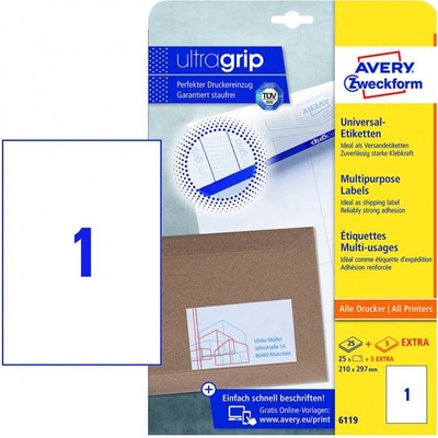 Avery-Zweckform 6119 210 x 297 mm papier biela 30 ks trvalé univerzálne etikety atrament, laser, kópie 30 listov A4; 6119