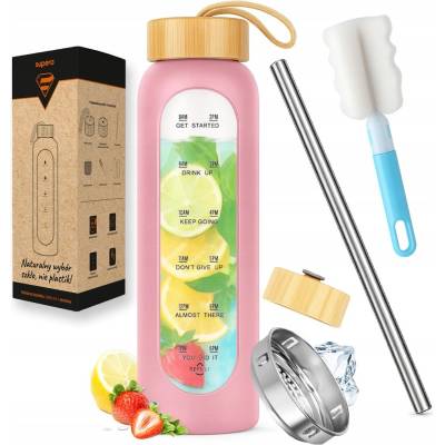 Skleněná lahvička na vodu SUPERO 1000 ml, růžová