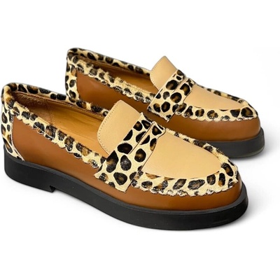 GNStyle ДАМСКИ МОКАСИНИ ОТ ЕСТЕСТВЕНА КОЖА С АНИМАЛИСТИЧЕН МОТИВ В СВЕТЛО КАФЯВ ЦВЯТ