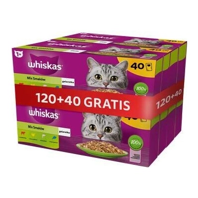 Whiskas Adult krmivo pro kočky v želé s příchutí ryb a tradičních příchutí (s kuřecím masem, lososem, hovězím masem a tuňákem + 40 kapsiček 120x85 g