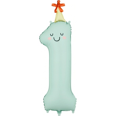 PartyDeco Fóliový balón narozeninové číslo 1 Pastelově zelený s čepičkou 86 cm