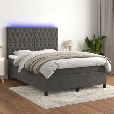 vidaXL Боксспринг легло с матрак и LED, тъмносиво, 140x200 см, кадифе (3136306)