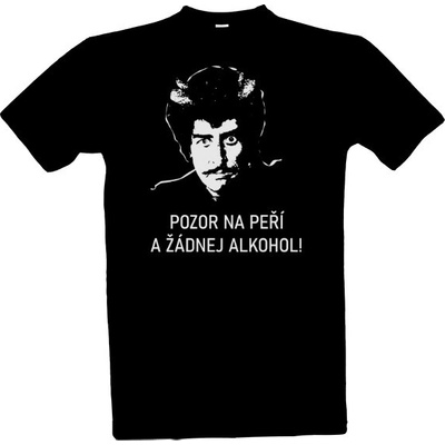 Tričko s potiskem Pozor na peří a žádnej alkohol pánské černá – Zboží Dáma