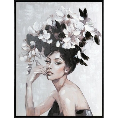 Ručne maľovaný obraz na plátne s rámom - dáma s kvetovaným klobúkom 60 x 80 cm