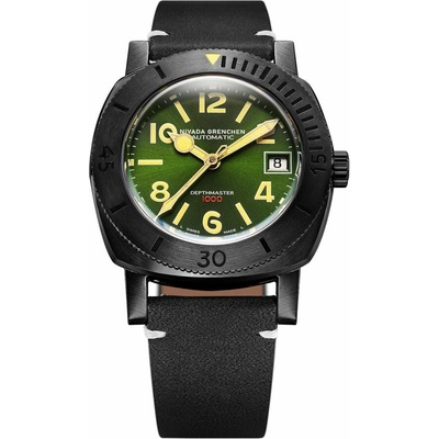 Nivada Grenchen Depthmaster - Black and Green - Black Leather White Stitching