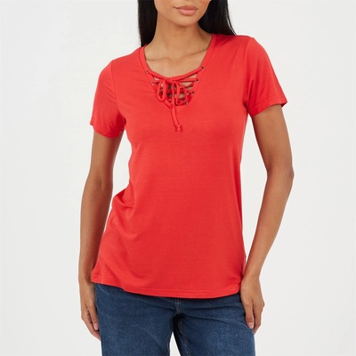 Brave Soul Дамска тениска Brave Soul Womens Tie Detail Eyelet Neck T-shirt - True Red